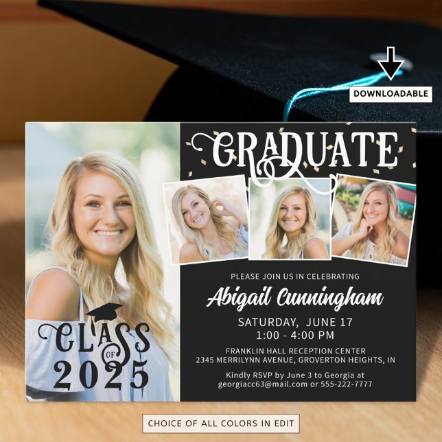 Modern Graduate 4 Photo Collage Custom Colours Invitation (Creator Uploaded)