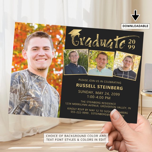 Modern Graduate 4 Photos Black Gold Hand Lettered Invitation (Creator Uploaded)