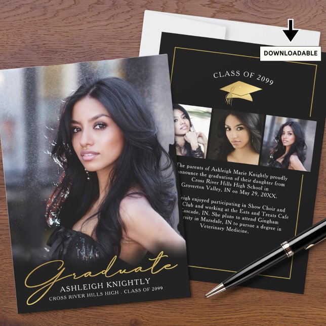 Modern Graduate  4 Photos Handwritten Script Black Announcement (Creator Uploaded)