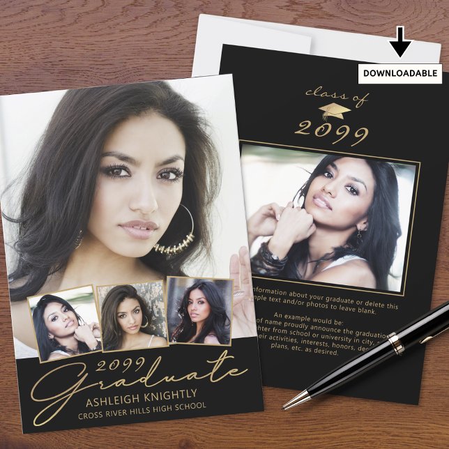 Modern Graduate 5 Photos Script Black Gold Announcement (Creator Uploaded)