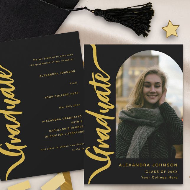 Modern Graduate Arch Photo Script Announcement (Modern graduate photo arch gold script stylish black Graduation announcement card)