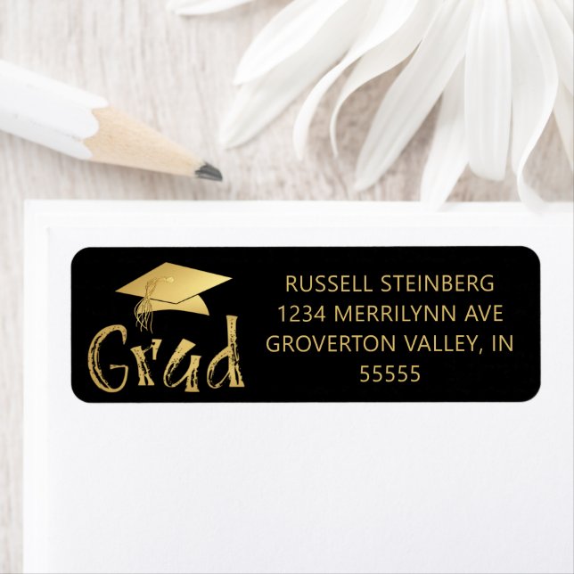 Modern Graduate Black Gold Brushstroke Cap Return Address Label (Insitu)