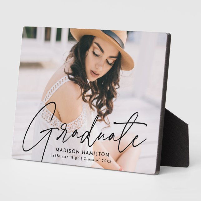 Modern Graduate Black Script Graduation Photo Plaque (Side)