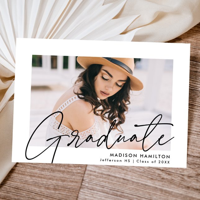 Modern Graduate Black Script Photo Graduation Announcement (Creator Uploaded)