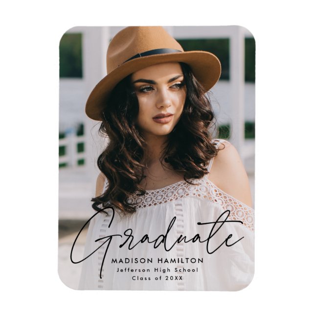 Modern Graduate Black Script Photo Graduation Magnet (Vertical)