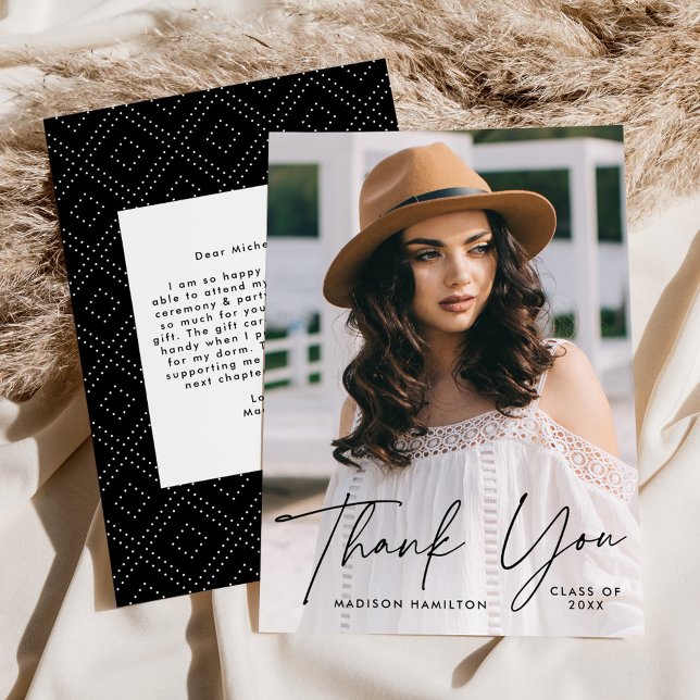 Modern Graduate Black Script Photo Graduation Thank You Card (Creator Uploaded)
