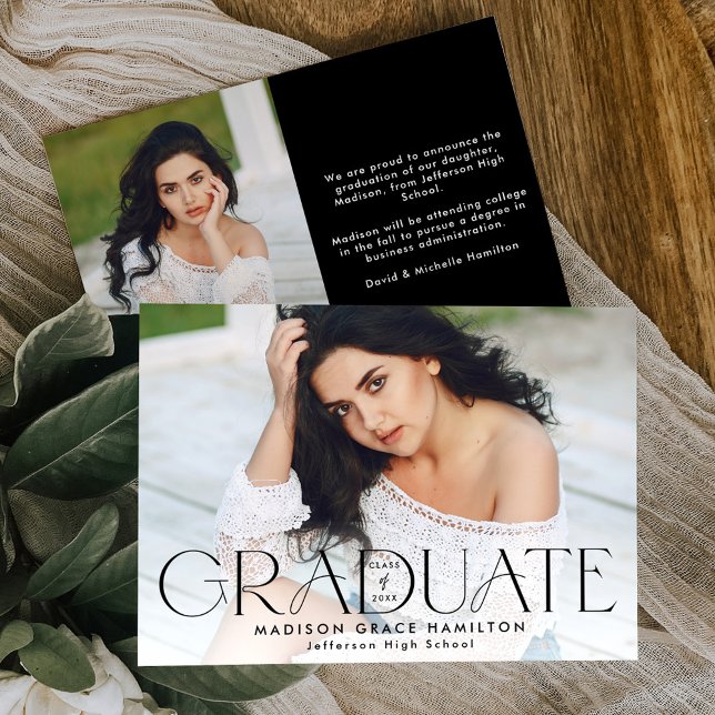 Modern Graduate Black Typography Photo Graduation Announcement (Creator Uploaded)