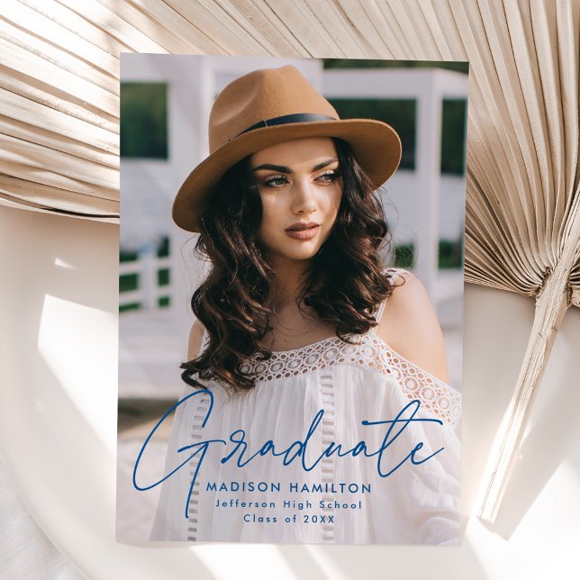 Modern Graduate Blue Script Photo Graduation Announcement (Creator Uploaded)