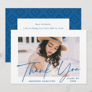 Modern Graduate Blue Script Photo Graduation Thank You Card