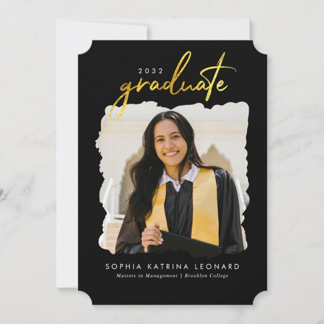 Modern Graduate Brush Script Gold Photo Graduation Announcement (Front)