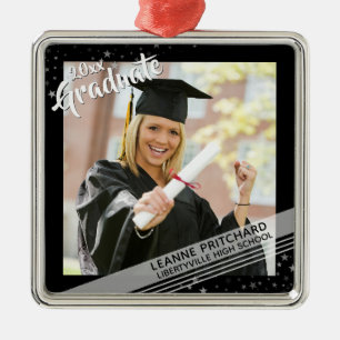 Modern Graduate Brush Script Photo Black Metal Ornament