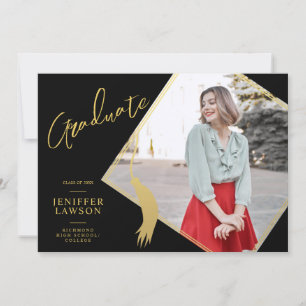 Modern Graduate Cap Gold & Black Photo Graduation Announcement