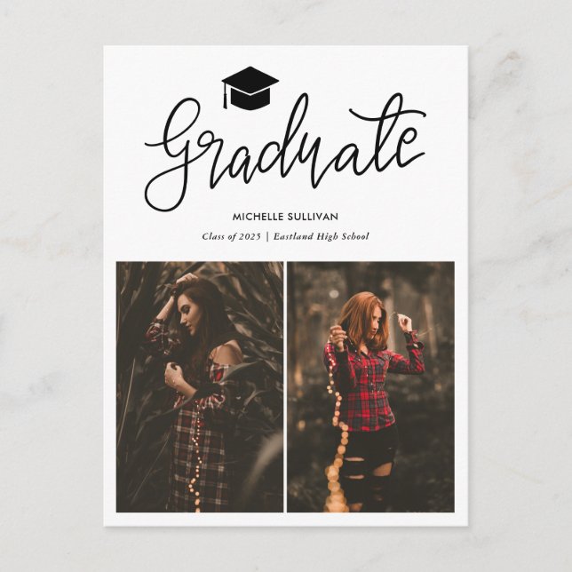 Modern Graduate Casual Script | Grad Two Photos Announcement Postcard (Front)