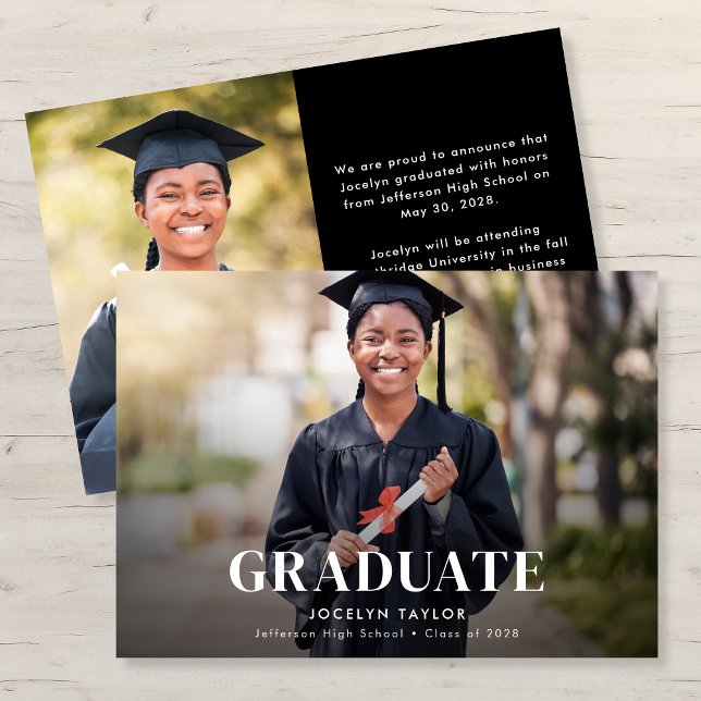 Modern Graduate Elegant Black Two Photo Graduation Announcement (Creator Uploaded)