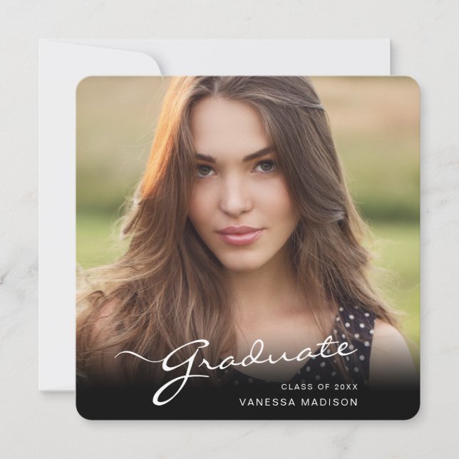 Modern Graduate Elegant Script | Trendy Photo Announcement (Front)