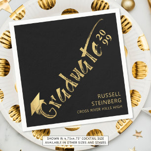 Modern Graduate Gold Brushstroke Name Black Napkin
