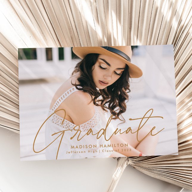Modern Graduate Gold Script Photo Graduation Announcement (Creator Uploaded)