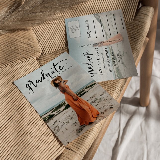 Modern Graduate Handwritten | Casual Photo  Announcement Postcard (Creator Uploaded)