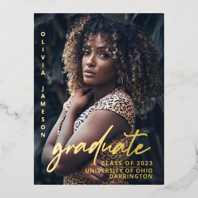 Modern Graduate Handwritten Script | Photo  Foil I Foil Invitation Postcard (Front)