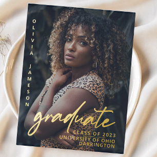 Modern Graduate Handwritten Script   Photo Overlay Foil Invitation Postcard