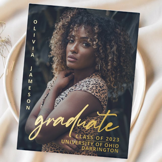 Modern Graduate Handwritten Script | Photo Overlay Foil Invitation Postcard (Creator Uploaded)