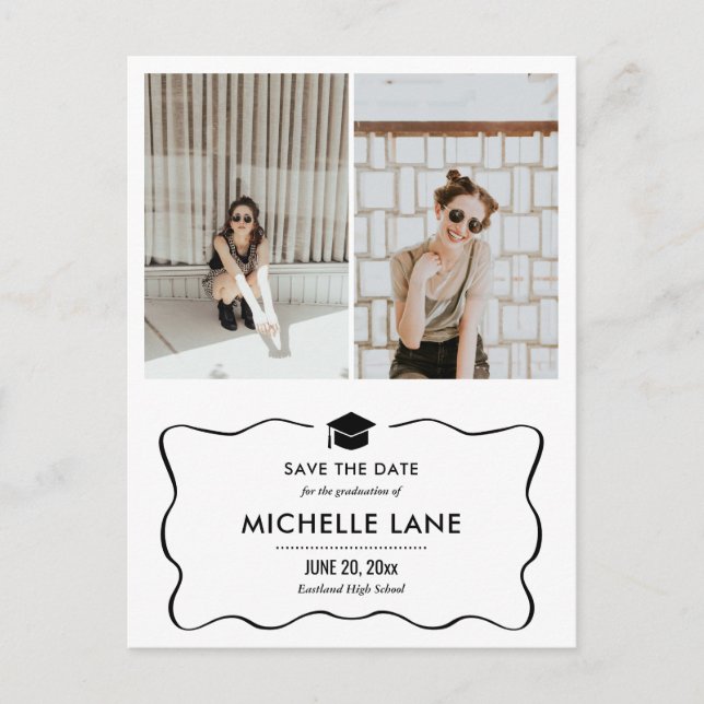 Modern Graduate Hat Save The Date Two Photo Postcard (Front)