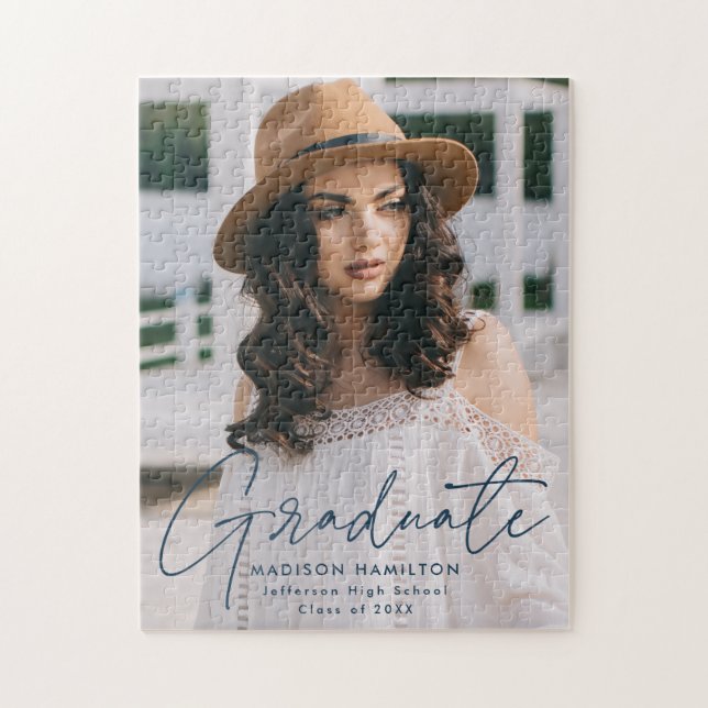 Modern Graduate Navy Script Photo Graduation Jigsaw Puzzle (Vertical)