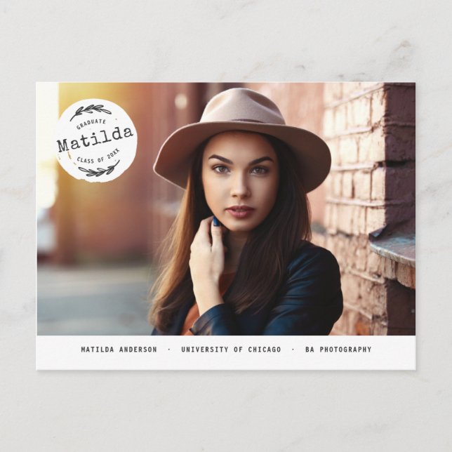 Modern graduate photo announcement + party invite (Front)