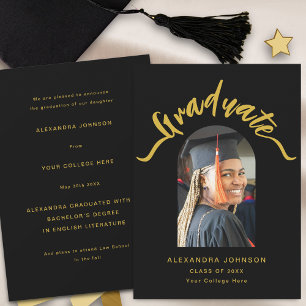 Modern Graduate Photo Arch Gold Script Graduation Announcement
