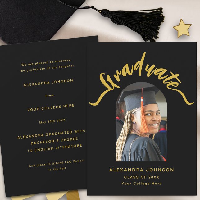 Modern Graduate Photo Arch Gold Script Graduation Announcement (Modern trendy graduate photo arch graduation announcement card stylish black and gold script)