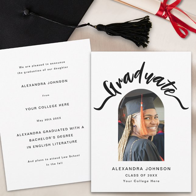 Modern Graduate Photo Arch Script Graduation Announcement (Modern trendy arch photo graduation black and white announcement card stylish script)