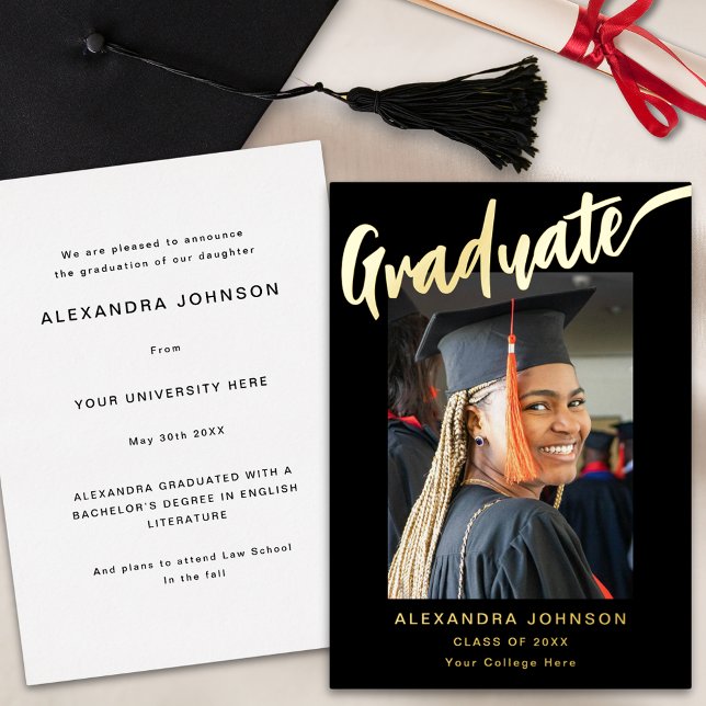 Modern Graduate Photo Elegant Script Black & Gold (Modern graduate photo stylish script black and gold foil graduation announcement card)
