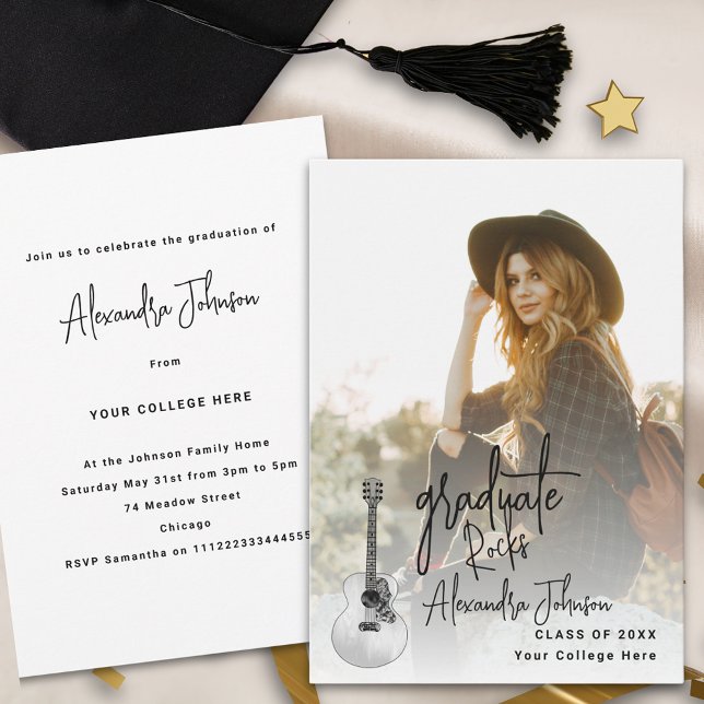 Modern Graduate Photo Graduation Party Invitation (Modern graduate photo trendy script Graduation party invitation country music guitar illustration)