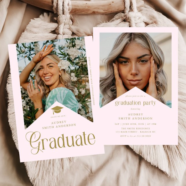 Modern Graduate Photo Graduation Party Pink Gold Invitation (Creator Uploaded)