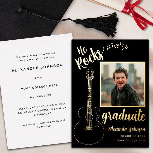 Modern Graduate Photo Guitar Black and Gold (Modern minimalist graduate photo minimalist guitar black and gold foil Graduation announcement card)