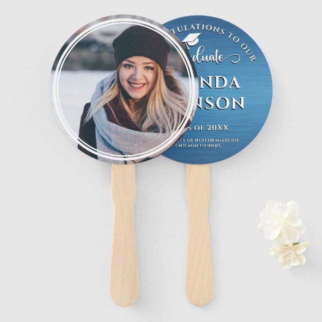 Modern Graduate Photo Metallic Blue Graduation  Hand Fan (Front and Back)
