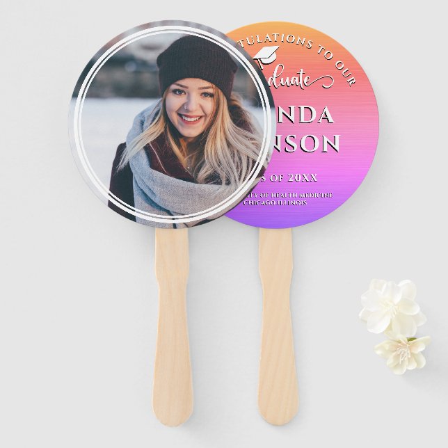 Modern Graduate Photo Pink Purple Graduation  Hand Fan (Front and Back)