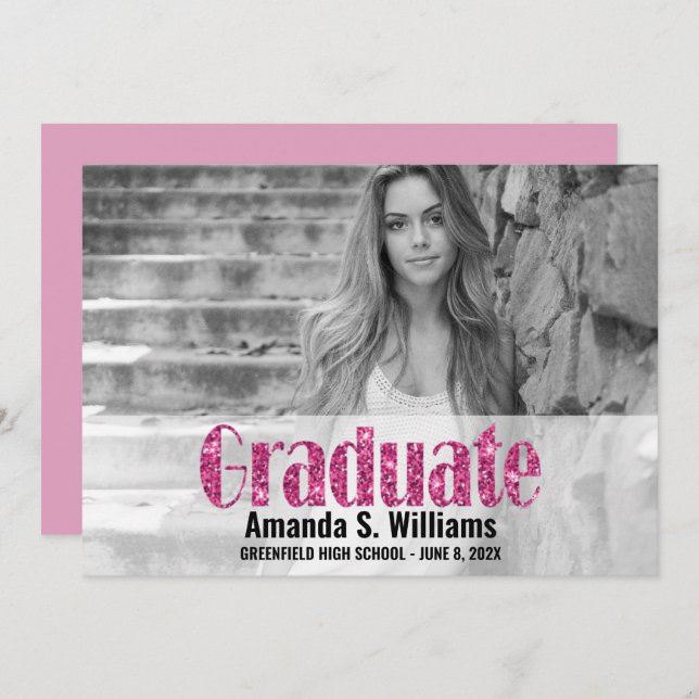 Modern Graduate Pink Glitter Photo Graduation  Announcement (Front/Back)