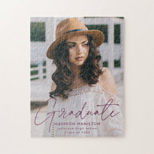 Modern Graduate Purple Script Photo Graduation Jigsaw Puzzle