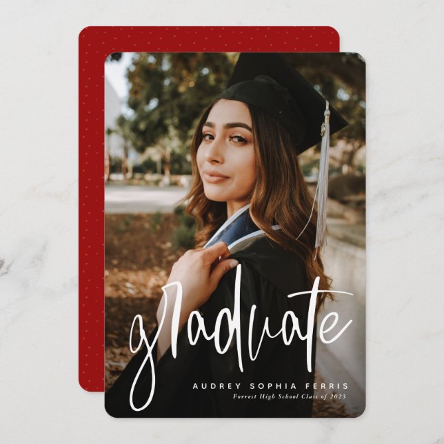 Modern graduate red photo graduation announcement (Front/Back)