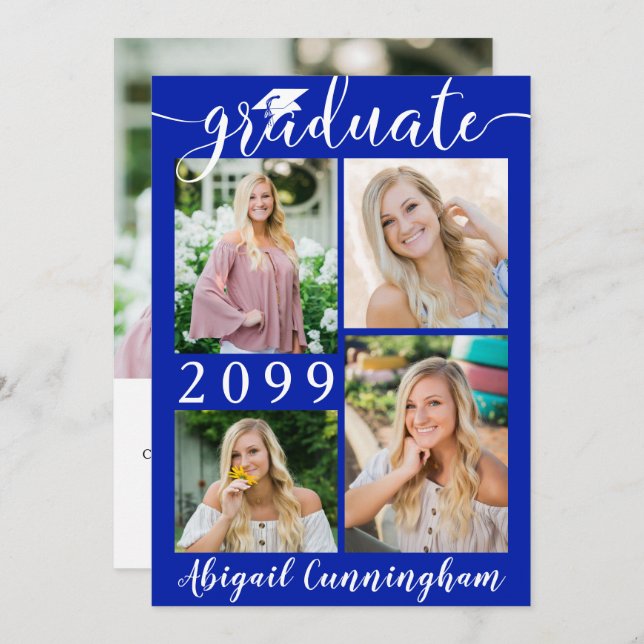 Modern Graduate Royal Blue 5 Photo Script Announcement (Front/Back)