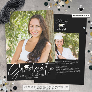 Modern Graduate Script 2 Photos Black White Announcement