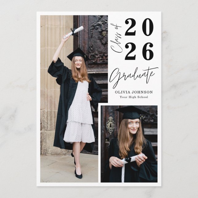 Modern Graduate Script 3 Photo Graduation Party Invitation (Front)