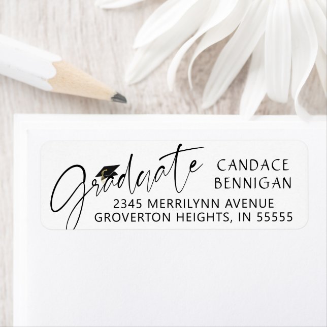 Modern Graduate Script Black Cap Return Address Label (Insitu)
