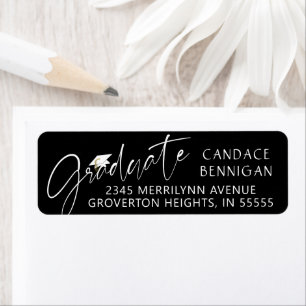 Modern Graduate Script Black White Cap Return Address Label
