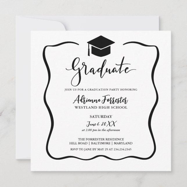 Modern Graduate Script Casual Grad Hat Invitation (Front)
