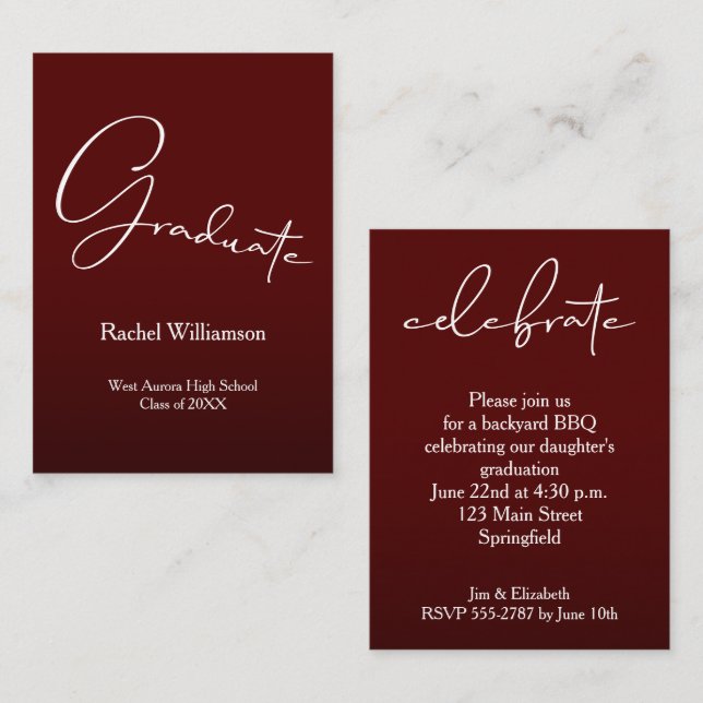 Modern Graduate Script Dark Maroon Party Enclosure Card (Front/Back)