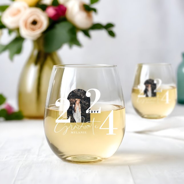 Modern Graduate Script Personalised Arch Photo Stemless Wine Glass (Modern Graduate Script Personalized Arch Photo Stemless Wine Glass)