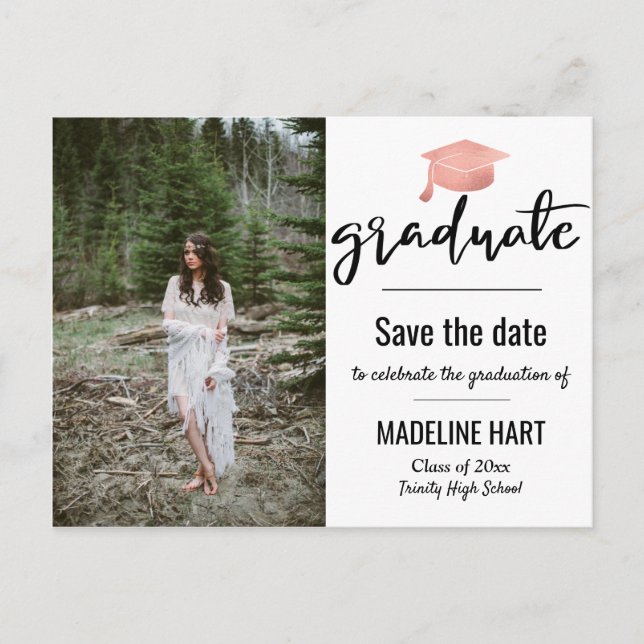 Modern Graduate Script | Save The Date Photo   Announcement Postcard (Front)