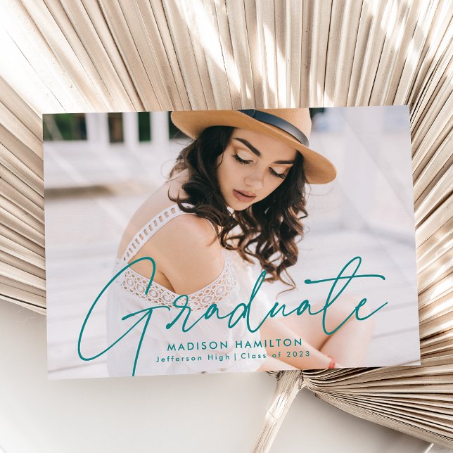 Modern Graduate Teal Script Photo Graduation Announcement (Creator Uploaded)